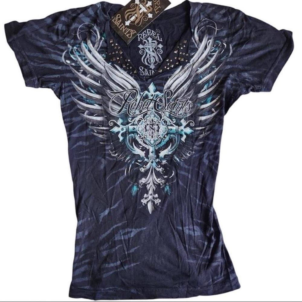 Rebel Saints By Affliction Black Graphic V-Neck Tee with Wings NWT Size S